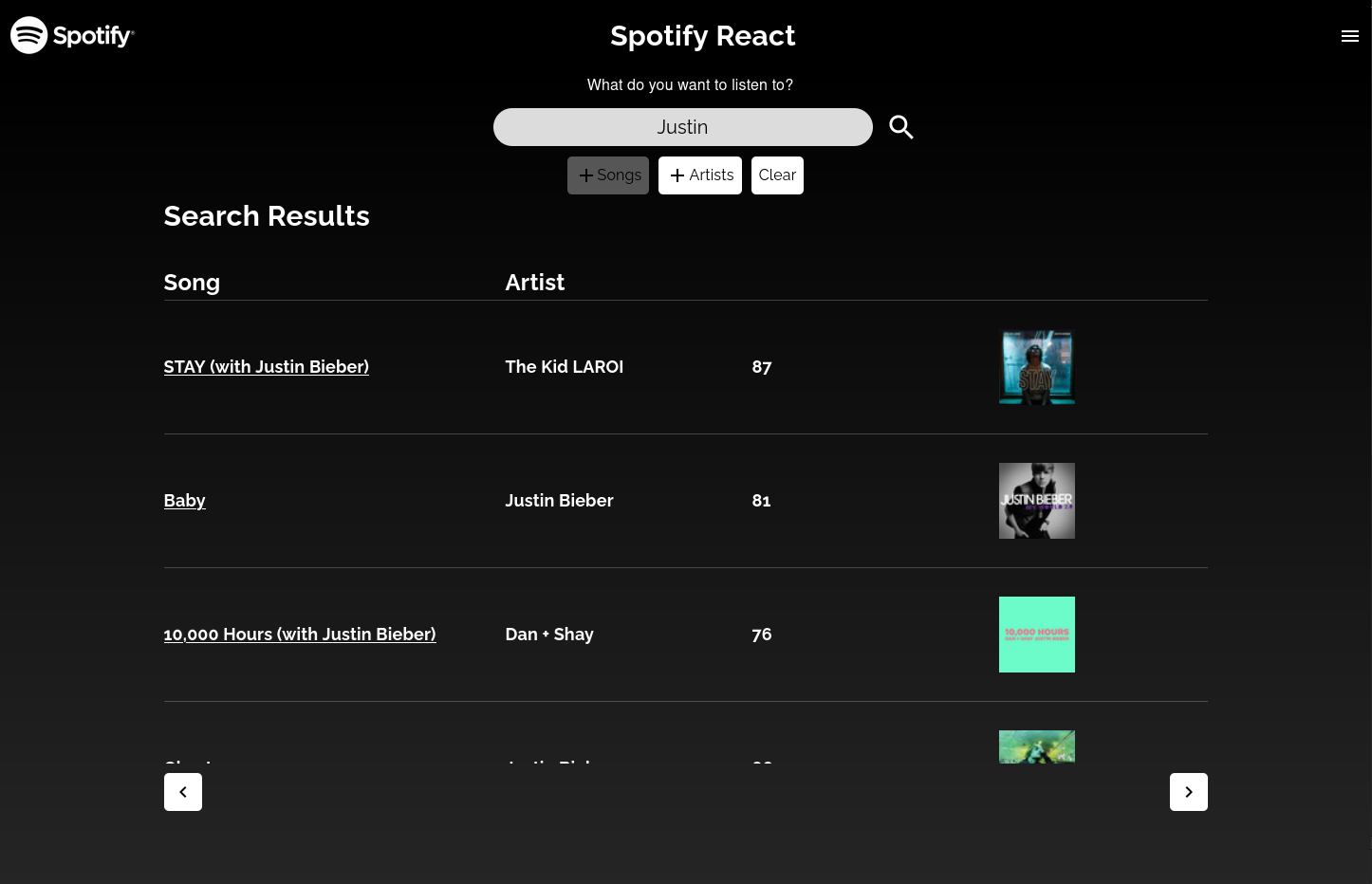 Spotify React Screenshot